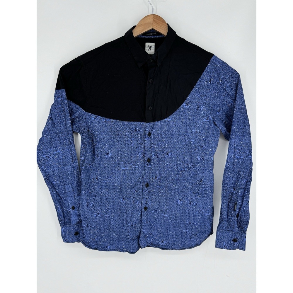 Marc Ecko Cut & Sew Men's Size Med Blue/Black Color Block Button Down Shirt G4